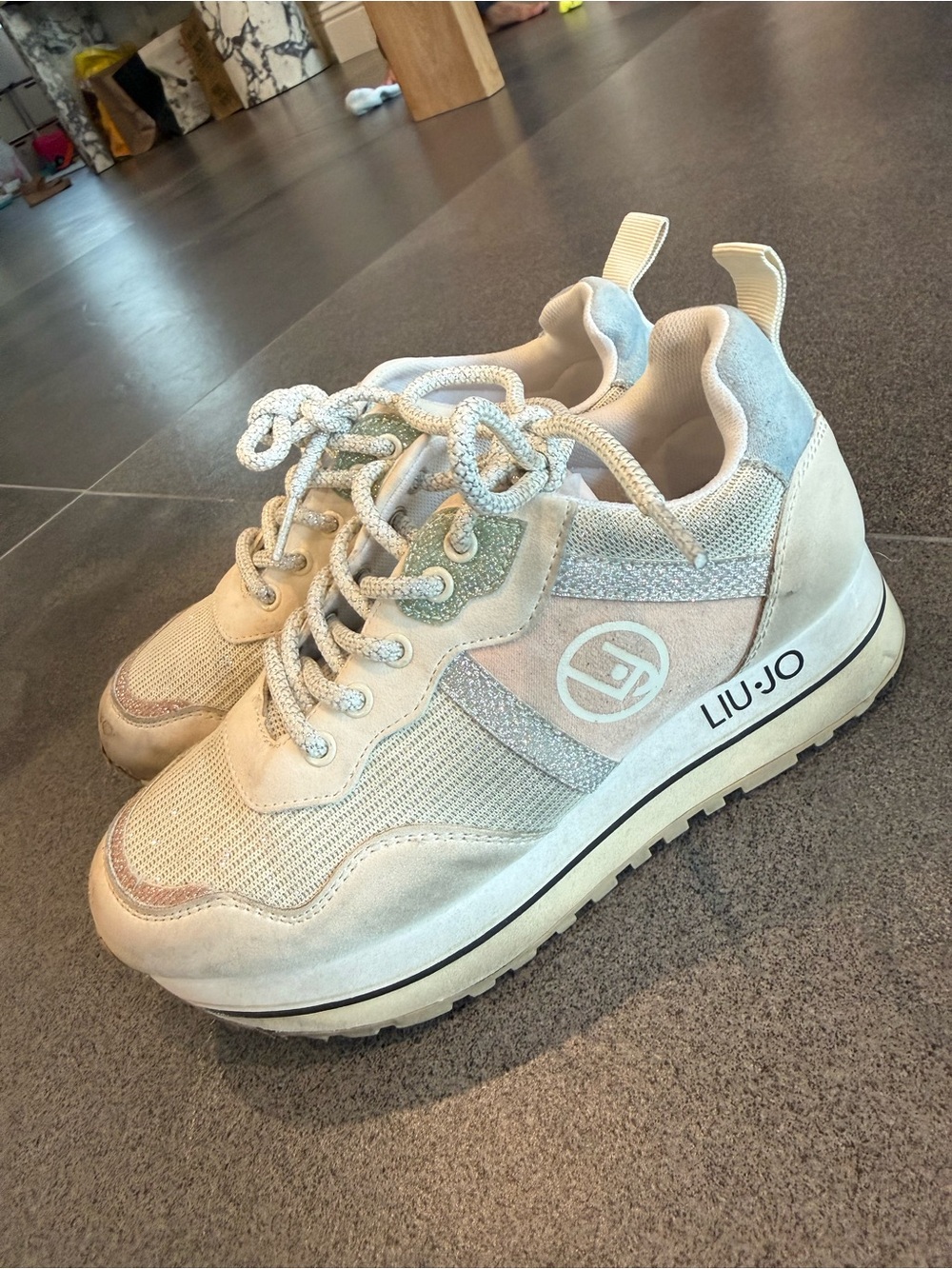 Liu Jo Kids white and Light Grey glittery Platform Sneakers